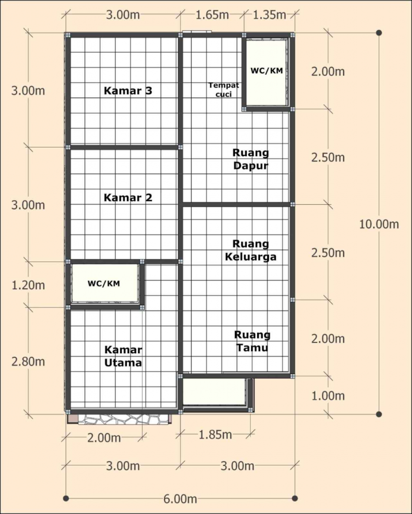 Denah rumah minimalis 3 kamar ukuran 6x10