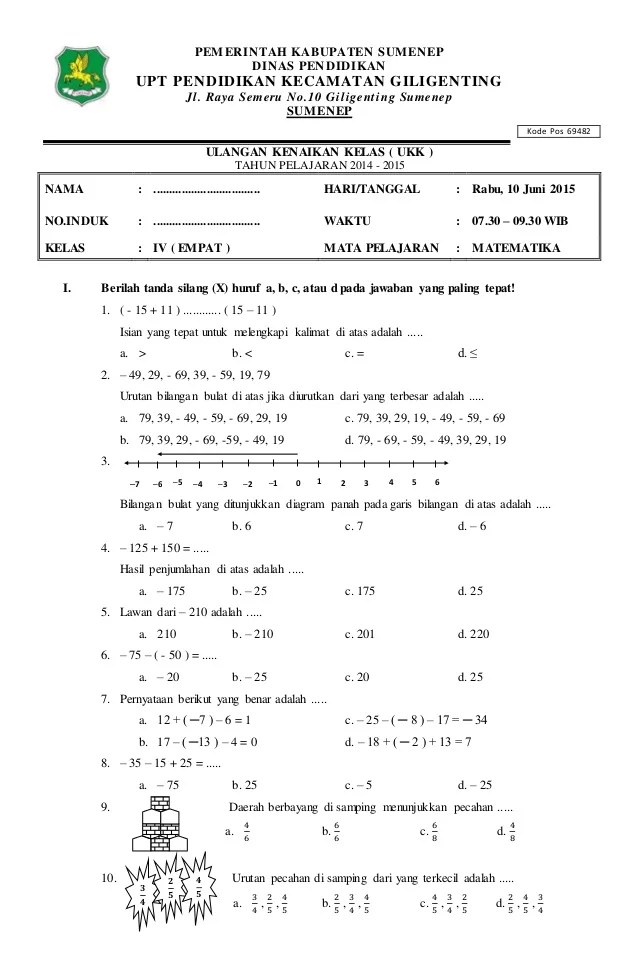 Soal UTS Matematika SD Kelas 4 Semester 1 Kurikulum 2013 - Merdeka Belajar