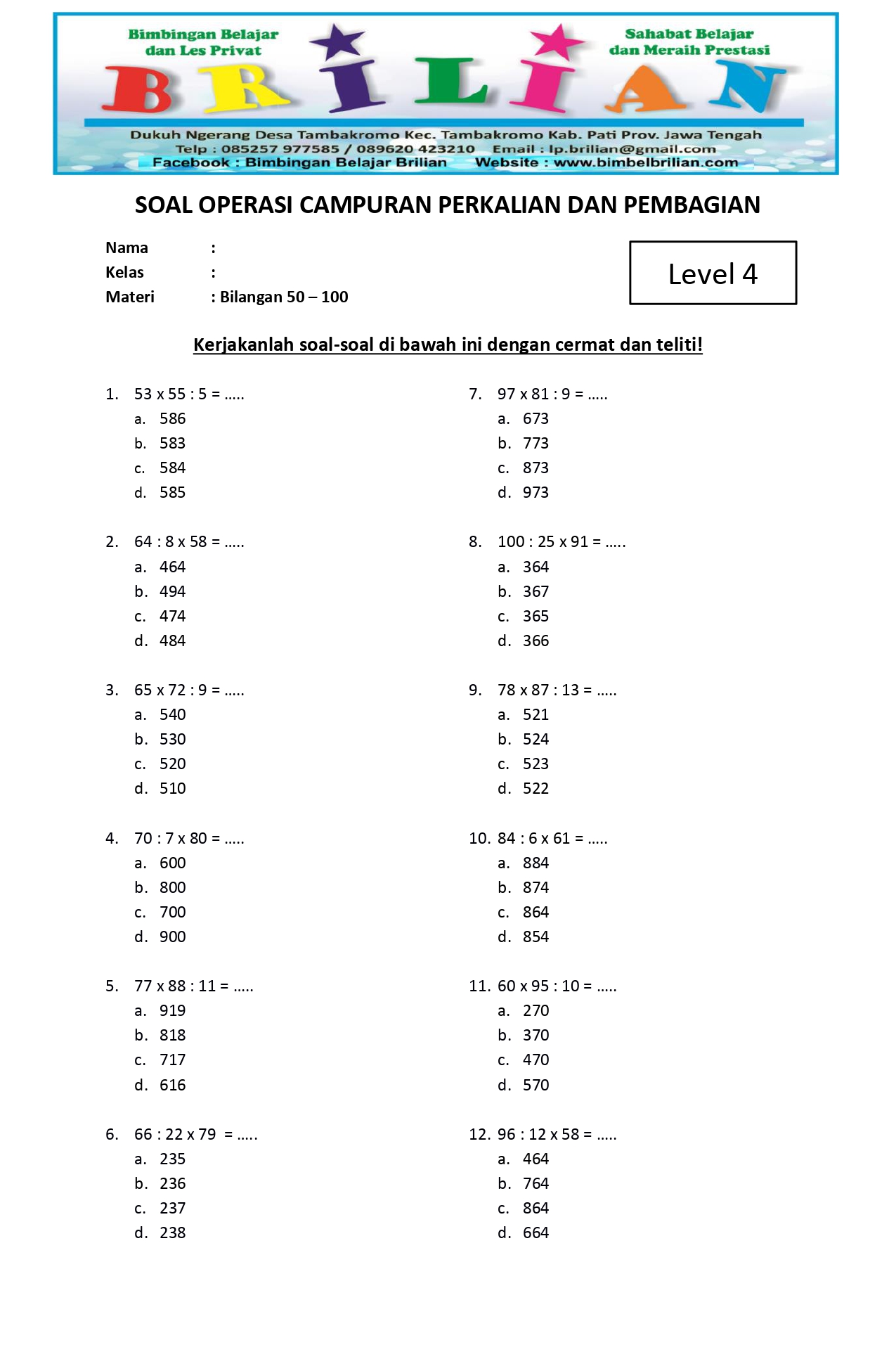 Soal Matematika Perkalian dan Pembagian Kelas 4