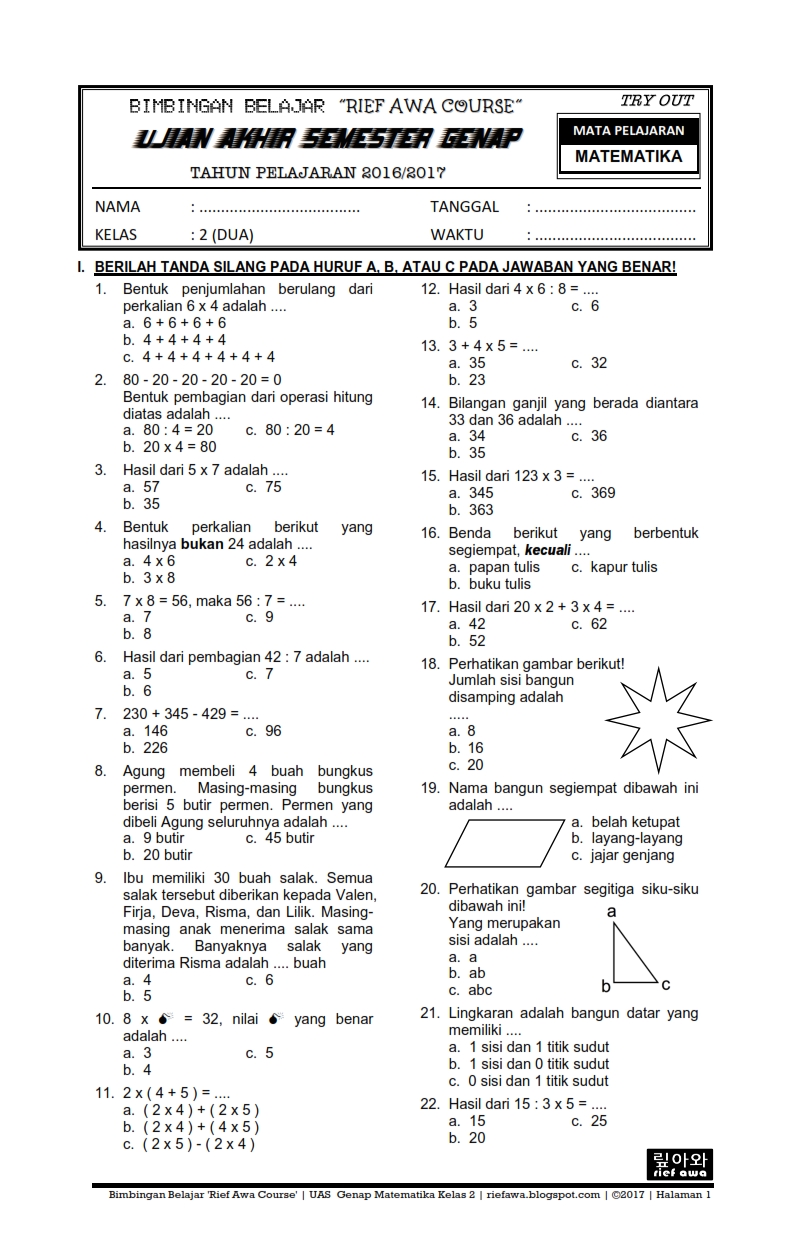 Contoh Soal UTS Matematika Kelas 4 Kurikulum 2013